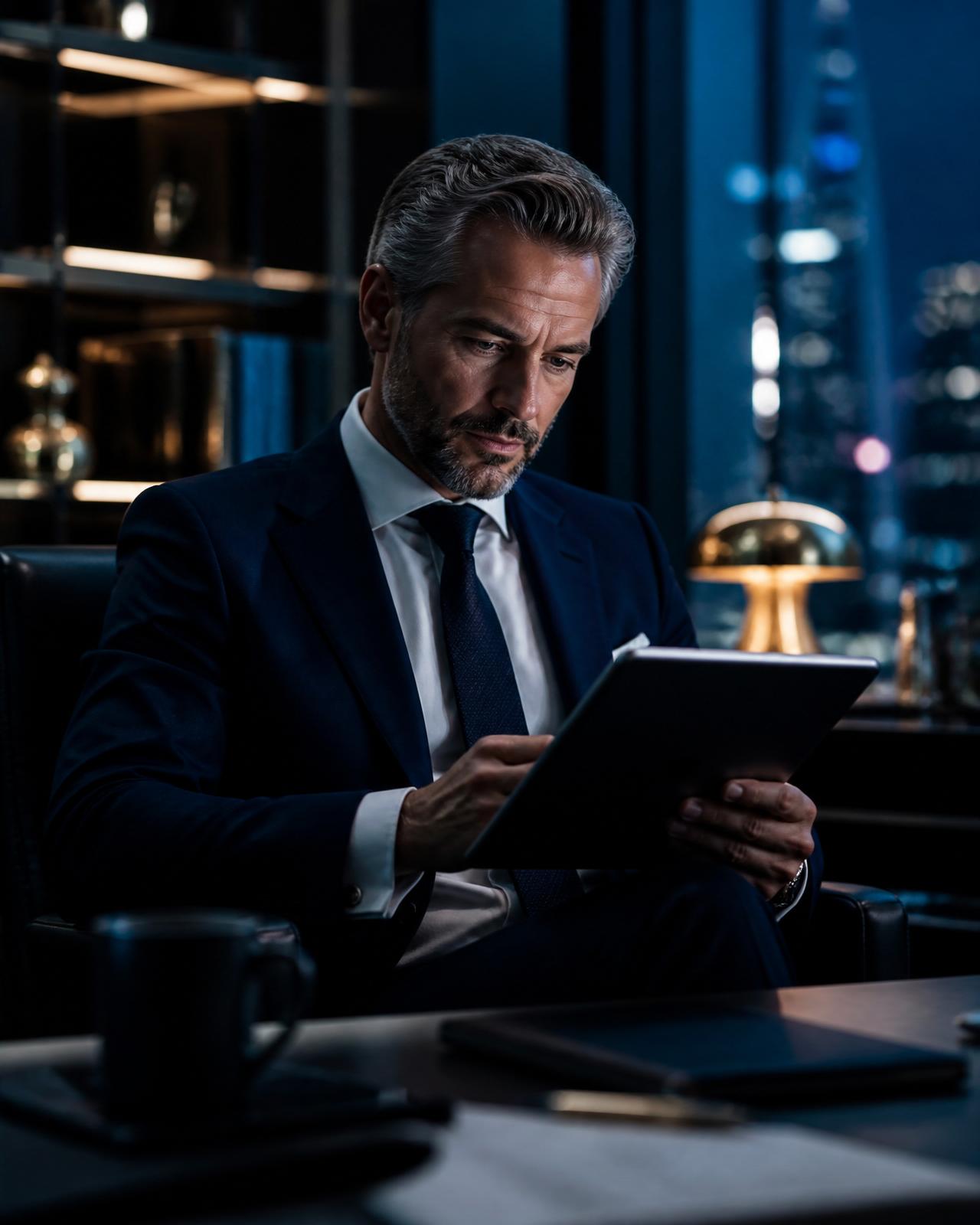 Executivo analisando relatórios digitais de inteligência cadastral